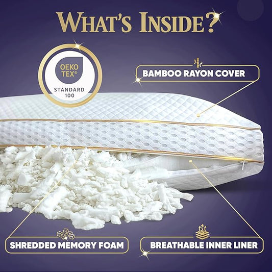 Royal Therapy King Memory Foam Pillow, Adjustable Shredded Odor-Free Pillow for Neck & Shoulder Pain Relief, Support for Back, Stomach, Side Sleepers
