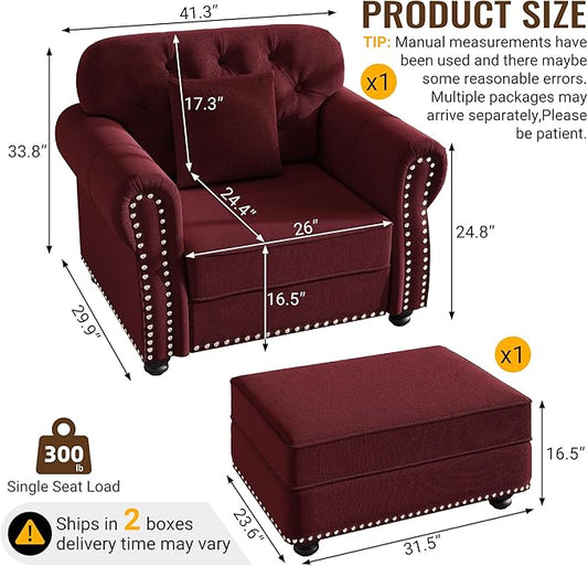 KEIKI 41" Velvet Chesterfield Sofa with Rolled Arms & Nailhead Trim & 1 Ottoman, Modern 1-Seater Button Tufted Couch with High Resilience Cushion & 1 Pillow, Easy Assembly, for Living Room, Burgundy