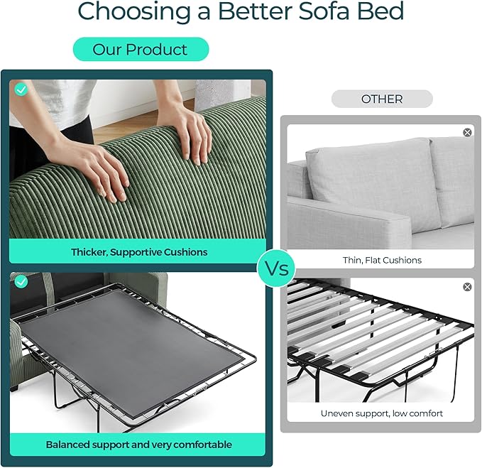 LINSY HOME Pull Out Sofa Bed - Convertible Loveseat Sleeper Sofa, Upgraded Bed Frame Pullout Couch - USB Charging & Cup Holders, Corduroy Sofa Bed for Living Room Small Space, Queen Size (Green)