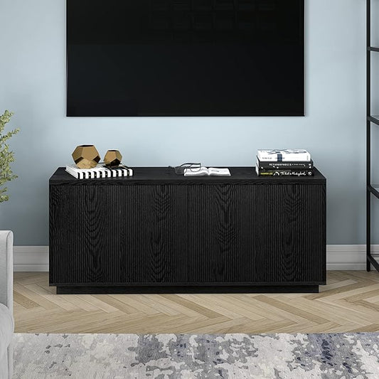 Henn&Hart Fluted TV Stand for TVs up to 65" with 2 Concealed Ribbed Storage Cabinets and Adjustable Shelves for Living Room, Family Room, or Office, Black Grain