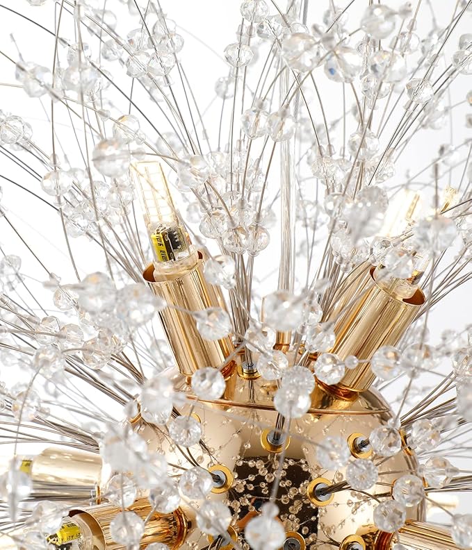 Firework Gold Crystal Chandelier, 9-Light Dandelion Chandelier Lighting for Dining Room, 19.6" Modern Sputnik Pendant Light for Bedroom Kitchen Island