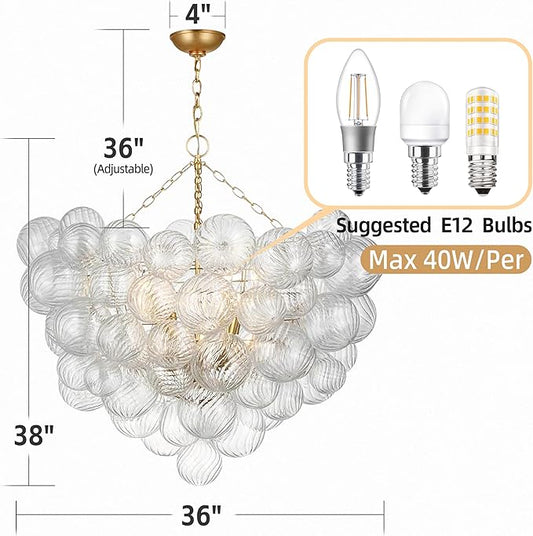Longree Nordic Bubble Ball Swirled Glass Chandelier, Dia 36 inch Gild Gold and Clear Blown Glass Large Pendant Light Fixture for Bedroom Study Restaurant Entry Room