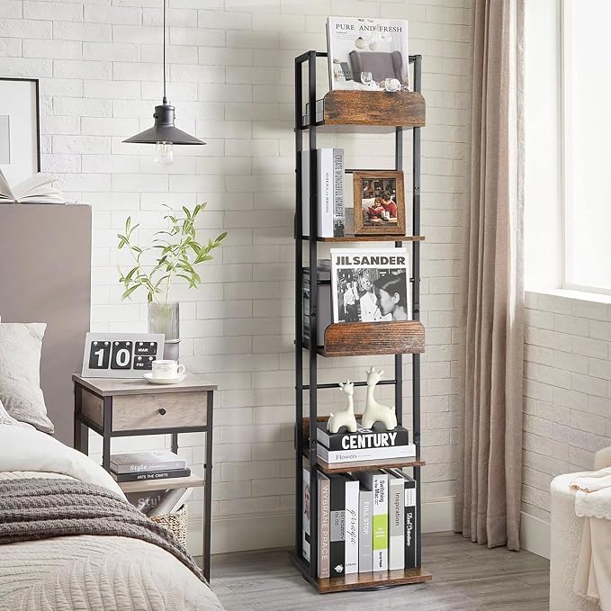 Bikoney Rotating Bookshelf, 360 Display Spinning Bookshelf Tower, 5-Tier Narrow Bookcase, Tall Industrial Book Shelf Organizer, Small Corner Book Shelves for Living Room, Black