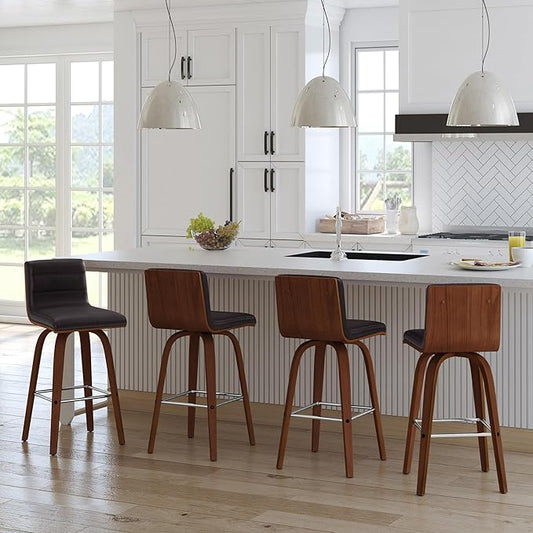 Vienna 26" Swivel Counter Stool in Walnut Wood Finish with Brown Faux Leather - Set of 4