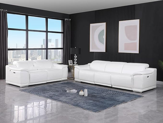 BlackJack Furniture Venice Top Grain Italian Leather Recliner 5 Seater 4 Power Reclining Seater 2 Piece Sofa Set with Adjustable Headrests Modern Seating Sofa and Loveseat for Living Room , White