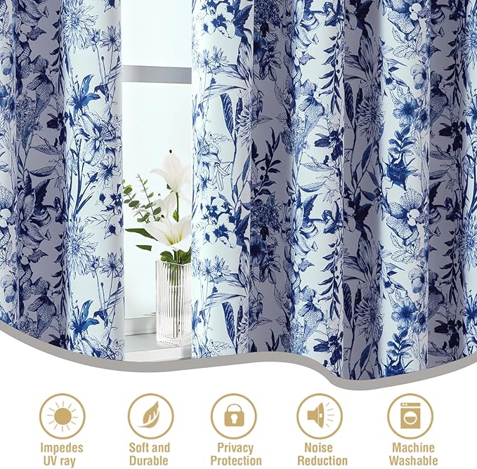 H.VERSAILTEX Blackout Curtains 96 Inch Length 2 Panels Set Floral Print Curtain Drapes for Living Room Thermal Insulated Grommet Window Curtains for Bedroom - French Jouy Flora in Blue