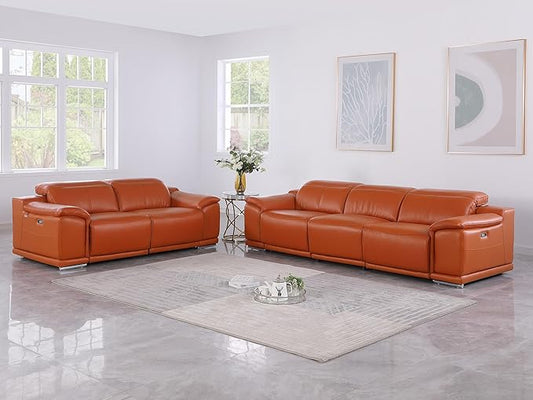 Blackjack Furniture Venice Top Grain Italian Leather Recliner 5 Seater 4 Power Reclining Seater 2 Piece Sofa Set with Adjustable Headrests Modern Seating Sofa and Loveseat for Living Room , Camel