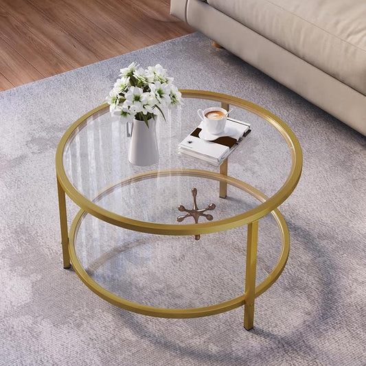 SAYGOER Round Glass Coffee Table 2 Tier Coffee Tables with Storage Shelf for Large or Small Space Modern Simple Center Table with Gold Frame for Living Room Home Office, Easy Assembly…