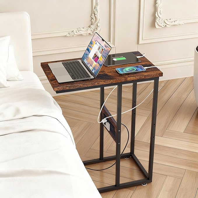 VECELO C-Shaped End Side Table Set of 2 with Charging Station & Two USB Ports and Outlets for Living Room, Bedroom, with Adjustable Feet for Couch/Sofa, Bedside, Small Spaces, Brown, 2