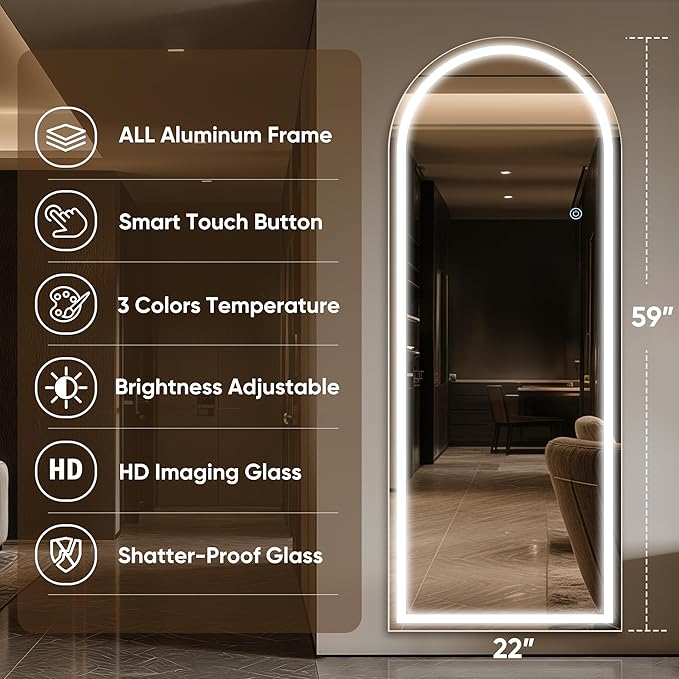 Antok LED Full Length Mirror with Light, 59"x22" Lighted Full Body Mirror with Stand, Dimmable & 3 Color Lighting Standing/Leaning/Wall Mounted Vanity Mirror for Bedroom Cloakroom Livingroom(Arched)