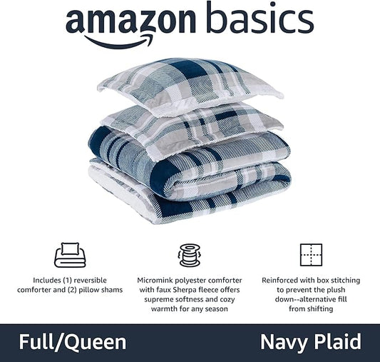 Amazon Basics 3-Piece Ultra-Soft Micromink Sherpa Bedding Set, Warm All Season Comforter, Full/Queen, Navy Plaid