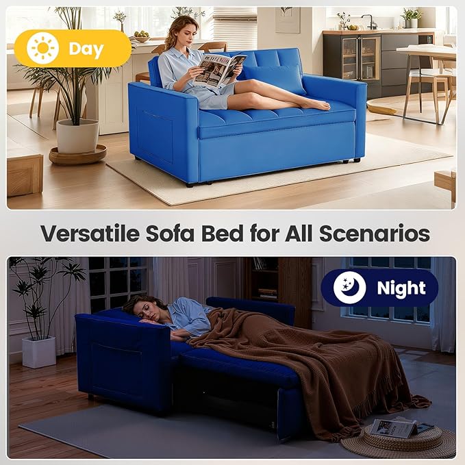 Pull Out Couch, Convertible Sofa Bed With Side Pockets, 3 in 1 Velvet Fabric Loveseat sleeper sofa bed, Love Seat Sleeper Bed with Adjustable Backrest for Living Room, Bedroom, Apartment, Blue