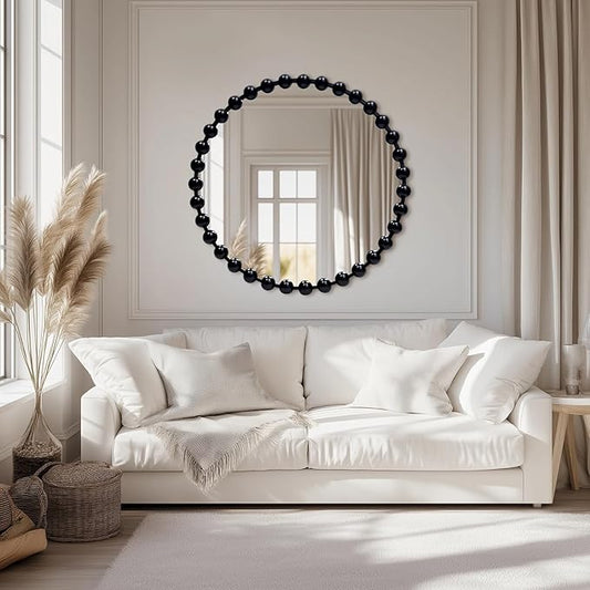 Round Black Mirror 30'', Beaded Mirror for Wall, Spherical Frame Large Circle Mirror for Bathroom, Dining Roon, Bed Room, Entryway