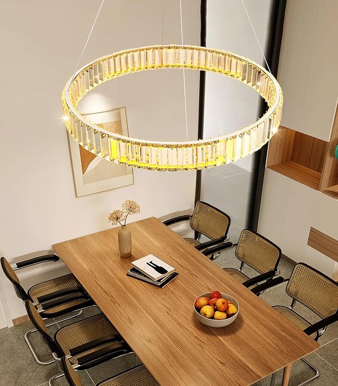 24'' Modern Ring Chandelier Crystal Chandeliers for Dining Room Round LED Dimmable Ceiling Light Fixture for Living Room Bedroom Lighting Silver