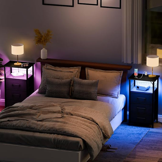 Night Stand Set 2 with Charging Station, End Table Set of 2 with 20 Colors LED Light Strip, 3 Fabric Drawers, Bedside Table with USB Ports and Outlets for Bedroom (Black)