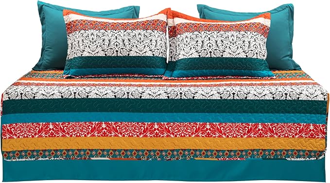 Lush Decor Boho Stripe Quilted 3 Piece Cover Set, Daybed, Turquoise & Tangerine
