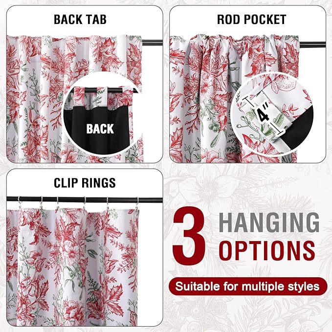H.VERSAILTEX Christmas 100% Blackout Curtain Thermal Insulated Bedroom Curtains Back Tab/Rod Pocket Vintage Floral Curtains with Black Liner, 2 Panels Set 84 Inch, Christmas Red and Christmas Green