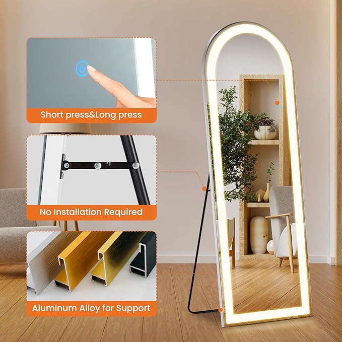 Full Length Mirror with LED Lights, 63" x 21" Arched Floor Mirror with Dimming & 3 Color Lighting, LED Body Mirrors for Home Decor, Tall Arch Aluminum Frame Mirrors for Bedroom Cloakroom