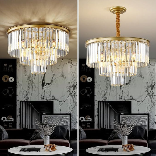 Gold Modern Crystal Chandelier, 3-Tier Round Flush Mount Ceiling Light Fixtures Height Adjustable Pendant Lighting for Dining Room Living Room Bedroom Kitchen Hotel Foyer