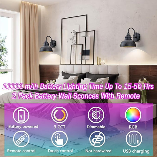 Industrial Battery Operated Wall Sconces Set of Two Wall Light Fixture with Remote, Indoor Not Hardwired Wall Mount Lamp for Bedroom Bathroom Vanity Light, Easy to Install, Batteries Included
