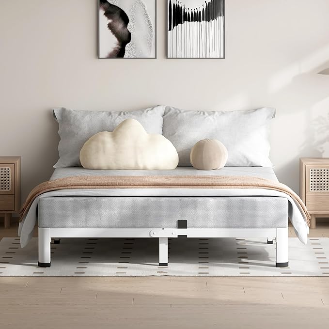 4 Inch White Queen Bed Frame, 3500Lbs Heavy Duty Metal Platform with Round Corner Legs Mattress Slide Stopper, Steel Slat Support No Box Spring Needed, Noise Free, Non-Slip, Easy Assembly