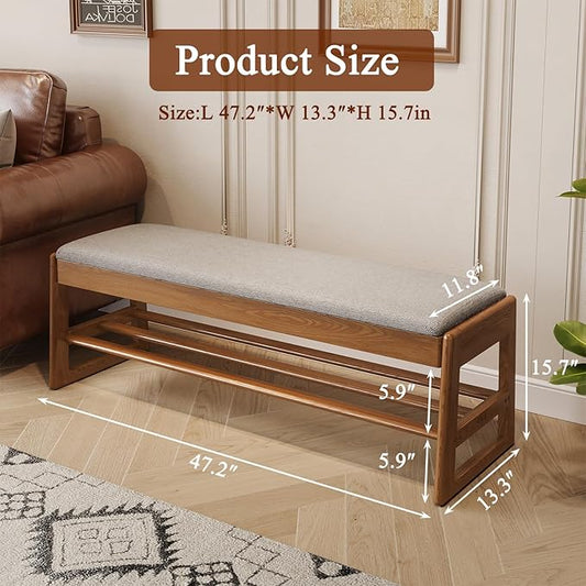 Shoe Rack Bench with Cotton-Linen Cushion 2-Tier Wooden Storage Bench 550lbs Compact Simple & Modern Design for Entryway, Hallway, Bedroom, Living Room, Closet, Front Door Entrance, Foyer