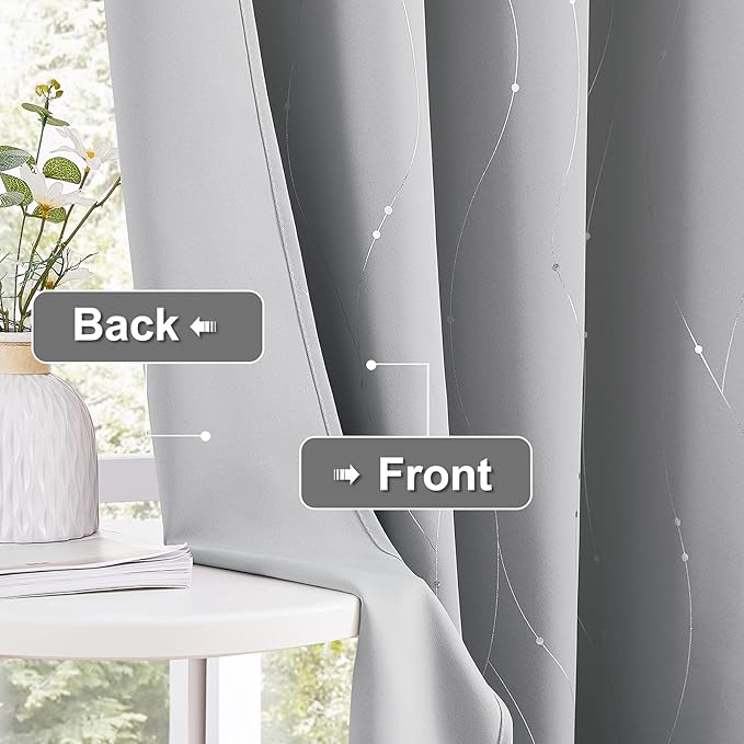 NICETOWN Blackout Curtains Panels for Bedroom - Microfiber Noise Reducing Thermal Insulated Wave Line with Dots Foil Print Design Blackout Curtains (2 Panels, 52 x 84 Inch, Silver Gray)