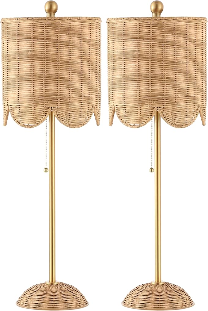 JONATHAN Y 27.5" Brass Gold Coastal Buffet Table Lamp Set of 2 for Bedroom, Boho Table Lamps with Natural Rattan Scalloped Shade, Pull Chain, LED Bulbs Included JYL1138A-SET2