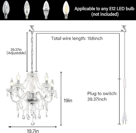 2PCS Plug-in 5 Light Crystal Hanging Pendant Lights Acrylic Chandelier with Clear Cord & On/Off Switch H19 D19.7 for Kitchen Island Girls' Room Dining Area Laundry Pavilion