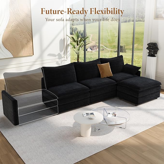 Vesgantti 108" Modular Sectional Sofa, Comfy Cloud Couch with Movable Ottoman Deep Seat Corduroy L Shaped Modular Sofa, Sectional Couches for Living Room, Bedroom and Apartment, Black | Sink-in Comfort, Height Adjustable, Easy Rearrangement, Extra-deep...