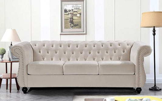 Container Furniture Direct Feinstein Modern Velvet Chesterfield Couches for Living Room with Nailheads, Diamond Tufting & Durable Metal Frame, Chair, Loveseat & Sofa, Ivory