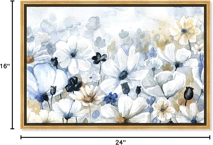 The Oliver Gal Artist Co. Floral and Botanical Wall Art Framed Canvas Prints 'Fields Flowers Home Décor, 24" x 16", Blue, White