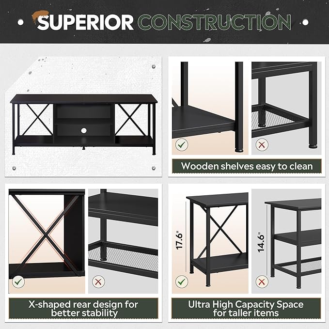 WLIVE Industrial TV Stand for Up to 65 inch TV, Heavy-Duty Metal Frame Entertainment Center with Adjustable Shelves & Cable Management, Media TV Console for Living Room Bedroom, Black