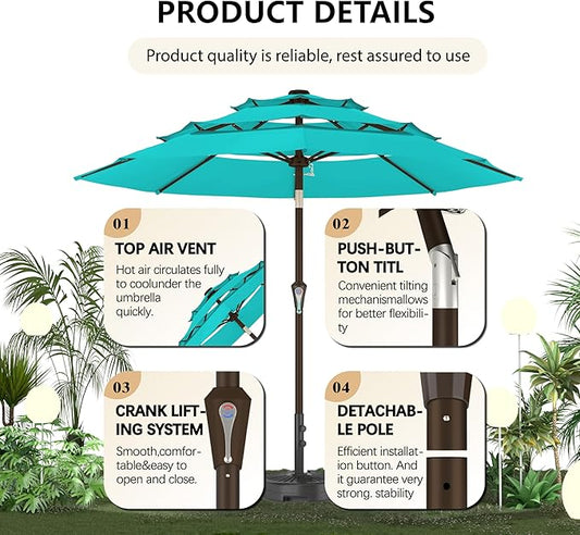 9FT 3-Tier Large Outdoor Patio Umbrella Market Table Umbrella-UV Resistant,Easy Push Button Tilt and Crank,8 Sturdy Fiberglass Ribs Heavy-Duty Pool Umbrella for Deck,Backyard,Garden,Yard,Light Blue