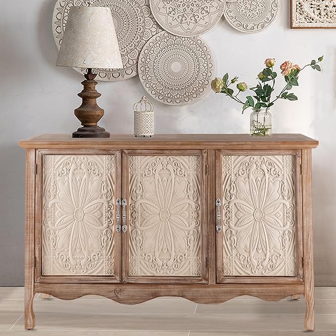 Accent Rustic Storage Cabinet With 3 Carved Doors, Vintage Sideboard Buffet With Shelves, Wood Entryway for Kitchen, Dining Room, Living Room, Bedroom, Natural