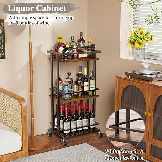 3 Tier Bar Cart for Home, Rolling Mini Liquor Bar for Wine Beverage Dinner Party, Utility Kitchen Storage Island Serving Cart on Wheels, Coffee Bar Cabinet for Kitchen Dining Living Room, Brown