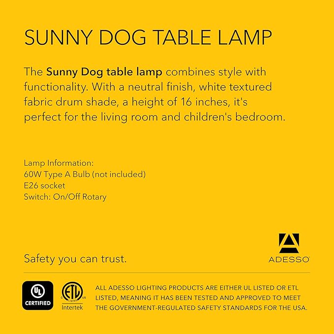 Adesso Sunny Dog Table Lamp – White Ceramic Novelty Lamp for Bedroom and Office Lighting or Living Room Décor, 16” x 8.5”