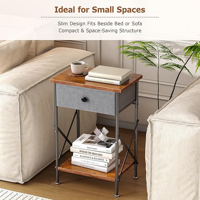 VECELO Night Stand Set of 2, Nightstand, Small End Table for Small Spaces, Wood Side Table for Living Room, Bedside Table with Drawer for Bedroom, Easy Assembly, Rustic Brown