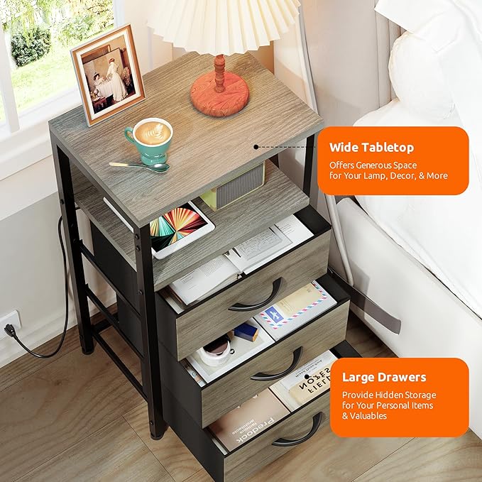 NightStand Bedside Charging Table Bedroom - Night Stand with Charger Station, Modern Nightstand with Open Shelf & 3 Fabric Drawers, End Table with USB-C USB Ports & AC Outlets for Dorm, Grey