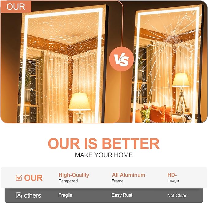 71" x 24" Full Length Mirror with Lights, LED Lighted Floor Standing Body Mirror, Dimmable & 3 Color Lighting for Bedroom, Cloakroom, Dressing Room, Tempered Glass, Black Frame
