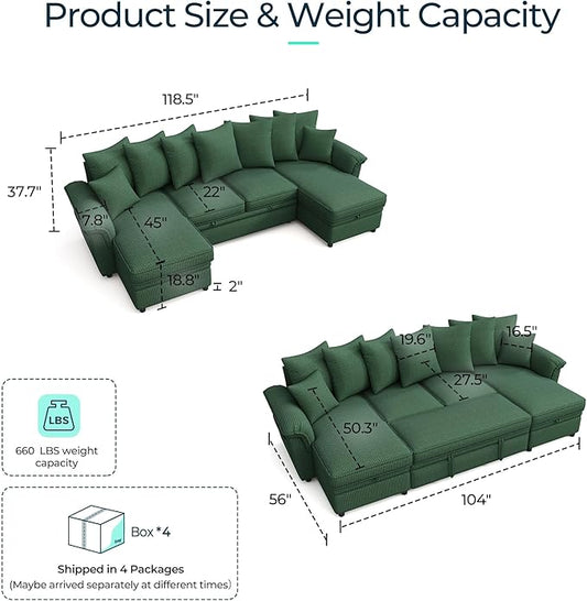 LINSY HOME Oversized Sectional Sleeper Sofa with Pull Out Couch Bed (Green, 118.5'') | USB Charging, Pillow-style Armrest, Multiple Cushions, Storage Chaise, Corduroy Fabric