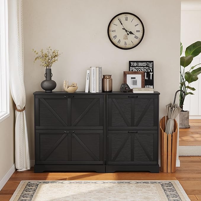 Semiocthome Farmhouse Shoe Storage Cabinet with 2 Flip Drawers, 31.5"(W) Freestanding Shoe Organizer with Barn Door and Metal Handles for Entryway, Corner Rustic Narrow Shoe Rack Cabinet - Black