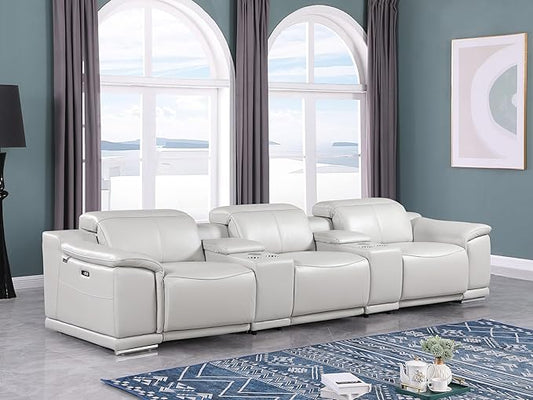 BlackJack Furniture Venice Top Grain Italian Leather Power Recline 5 Piece Sofa - 134" Theater Seating Modern Couch for Living Room Apartment Home with Adjustable Headrests & USB Port, Light Grey