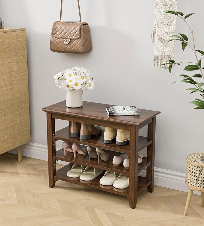 Shoe Rack Bench, 4-Tier Shoe Shelf Organizer, 25.6" Entryway Storage Bench for Hallway, Bedroom, Living Room, Bedroom, Hold up to 550 lbs, Solid Wood, Dark Brown