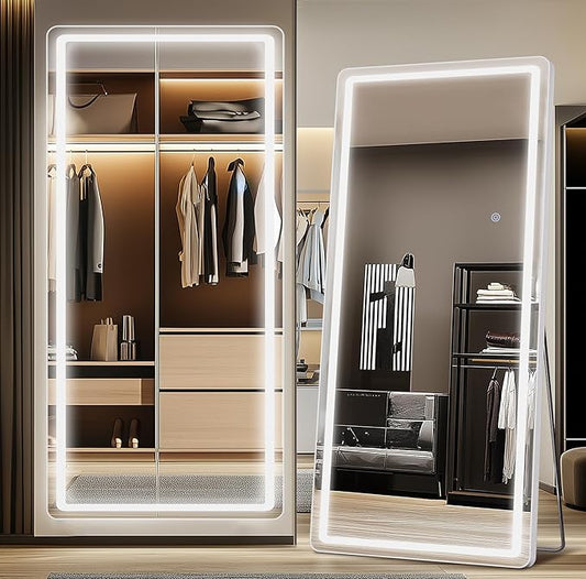 Antok LED Full Length Mirror with Light, 76"x34" Lighted Full Body Mirror with Stand, Dimmable & 3 Color Lighting Standing/Leaning/Wall Mounted Vanity Mirror for Bedroom Cloakroom Livingroom(Rect)