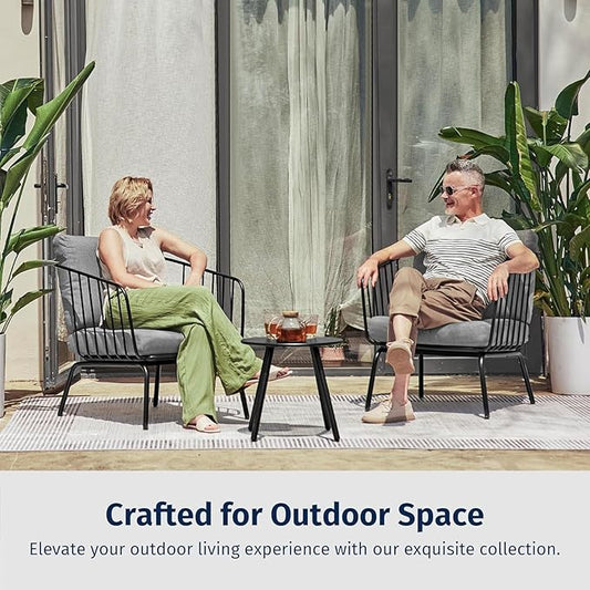 East Oak 3-Piece Plaza Patio Furniture Set, Outdoor Furniture with Thick Cushion Sofa and Coffee Table, Outdoor Bistro Set for 2, Small Space, Modern Patio Conversation Set for Balcony, Brown & Beige