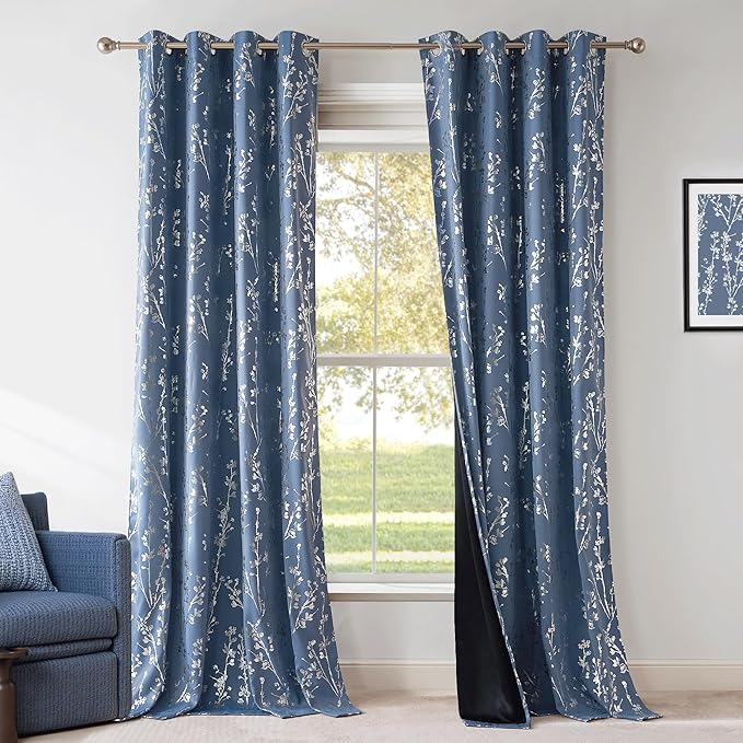 NICETOWN Stone Blue 100% Blackout Curtains 63 inch Length, Grommet Tree Pattern Foil Printed Window Treatments Floral Thermal Curtains for Bedroom, W52 x L63, 2 Panels