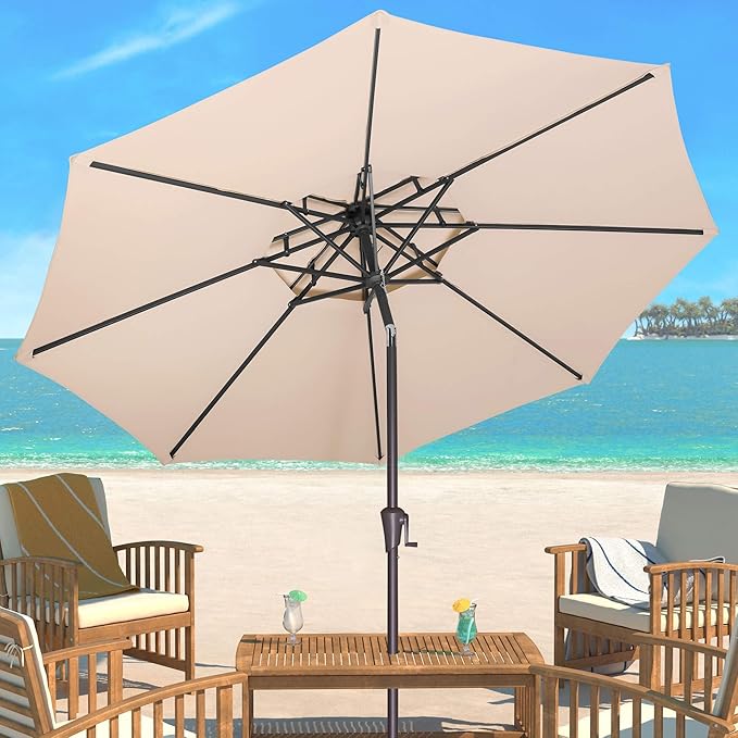 9FT Outdoor Patio Umbrella - 2 Tiers Table Umbrella Waterprool UV Protection, Sombrillas de Patio with Push Button Tilt, Sun Umbrella for Pool, Porch, Garden, Backyard (Beige)