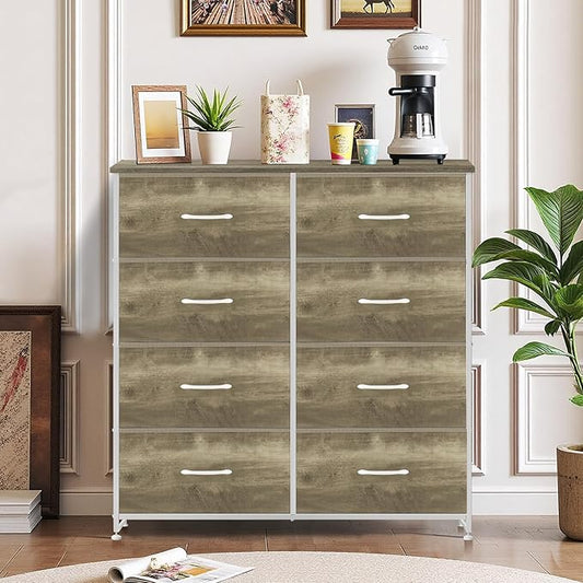 8-Drawer Dresser for Bedroom, Anti-Tip Tall Storage Organizer Chest of Drawers with Wooden Top and Metal Frame Fabric Bins for Closet, Living Room, Hallway, Entryway, Greige Oak