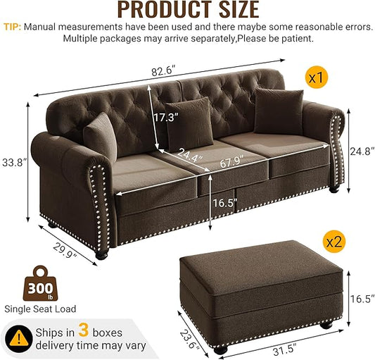 KEIKI 83" Velvet Chesterfield Sofa with Rolled Arms & Nailhead Trim & 2 Ottoman, Modern 3-Seater Button Tufted Couch with High Resilience Cushion & 3 Pillow, Easy Assembly, for Living Room, Brown